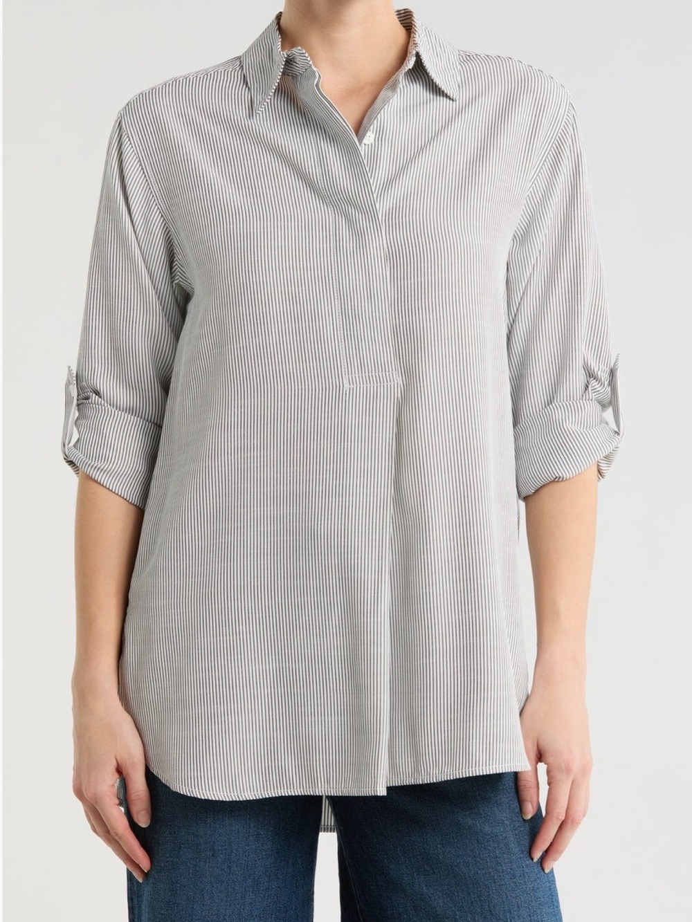 Max Studio Oversized Long-sleeve Button-up Tunic in Black Mini-stripe